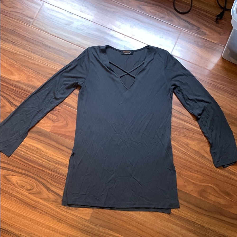 Gray Fitted Long Sleeve Cut Out Blouse
